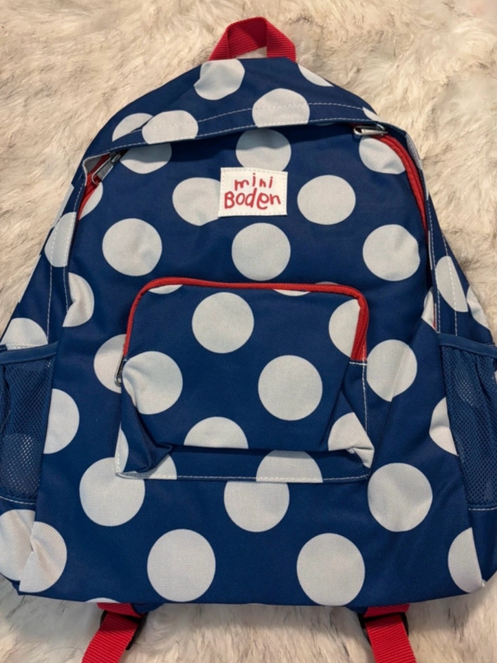 Mini Boden Blue and White Polka Dot Backpack with Red Trim
